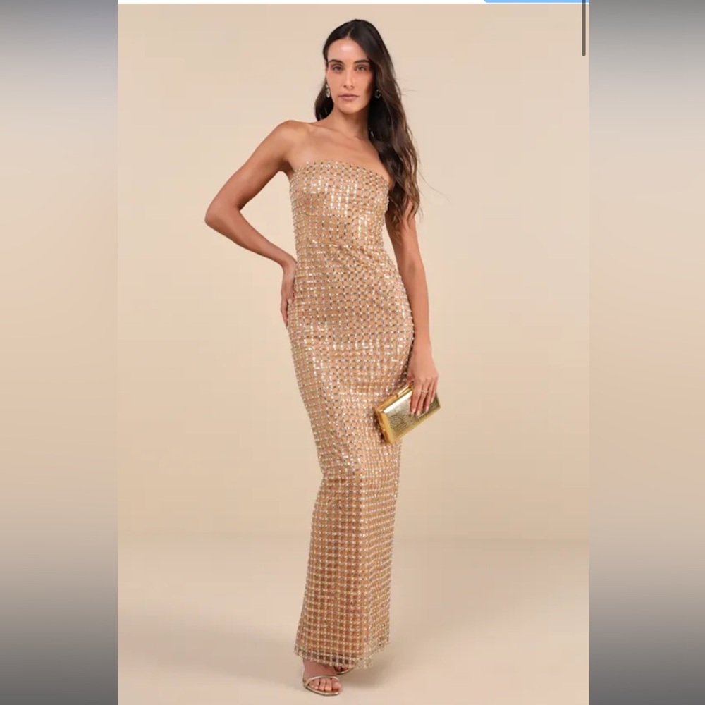 Lulu’s Perfectly Luxurious Tan Pearl Strapless Maxi Dress